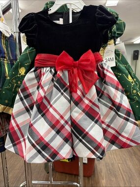 Bonnie Baby Black Velvet Top with Red Plaid Bow Holiday Dress